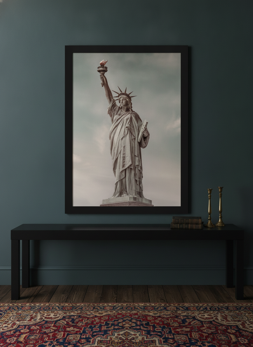 Modern wall art print standing on a console in a moody home office