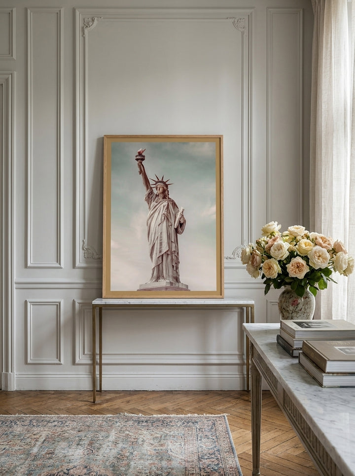 Modern wall art print standing on a console in a Parisian bedroom