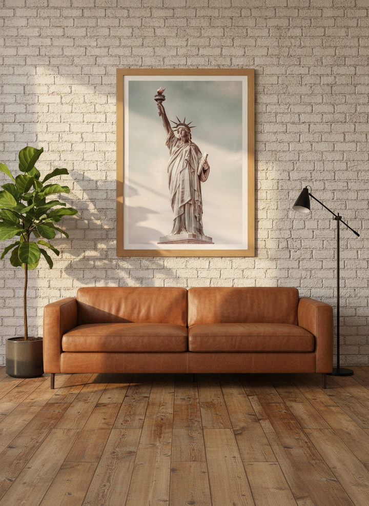 Modern wall art print styled on the wall in an industrial loft living room