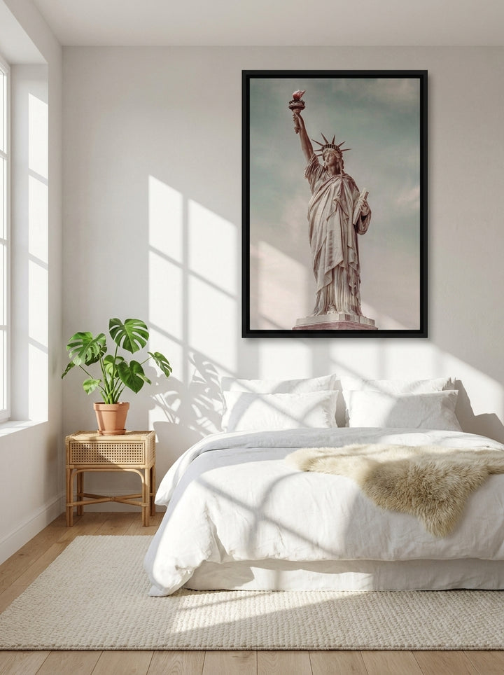 Canvas wall art with a black surround styled on the wall in a bright Scandinavian bedroom