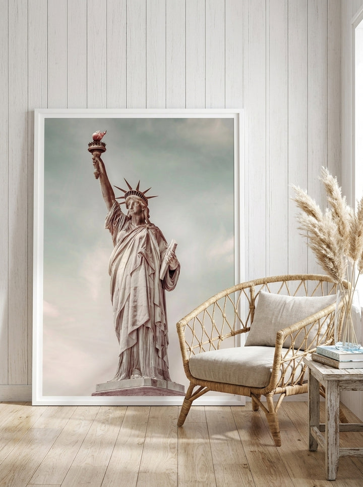 Oversized statement canvas wall art with a white surround leaning against the wall in a coastal dining room