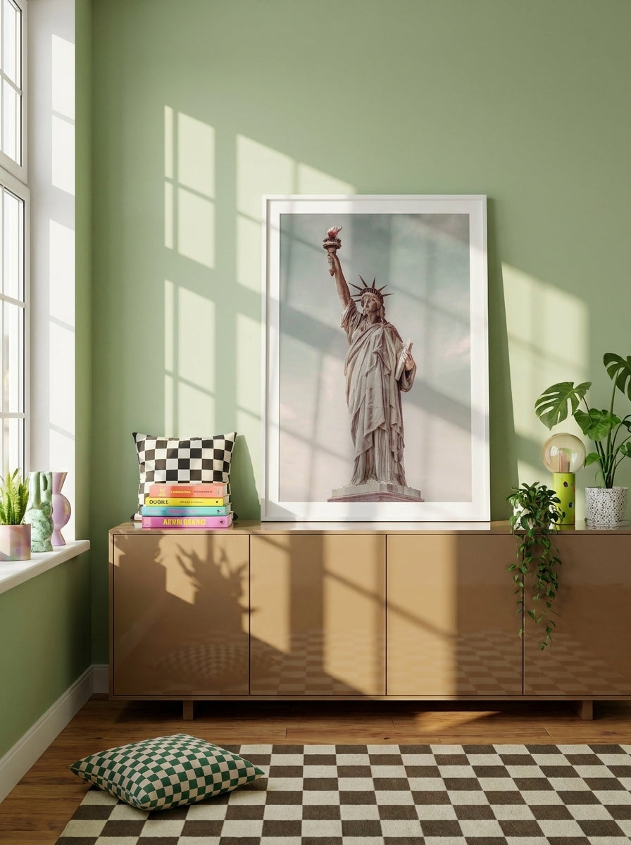 Modern wall art print standing on a sideboard in a colourful eclectic living room