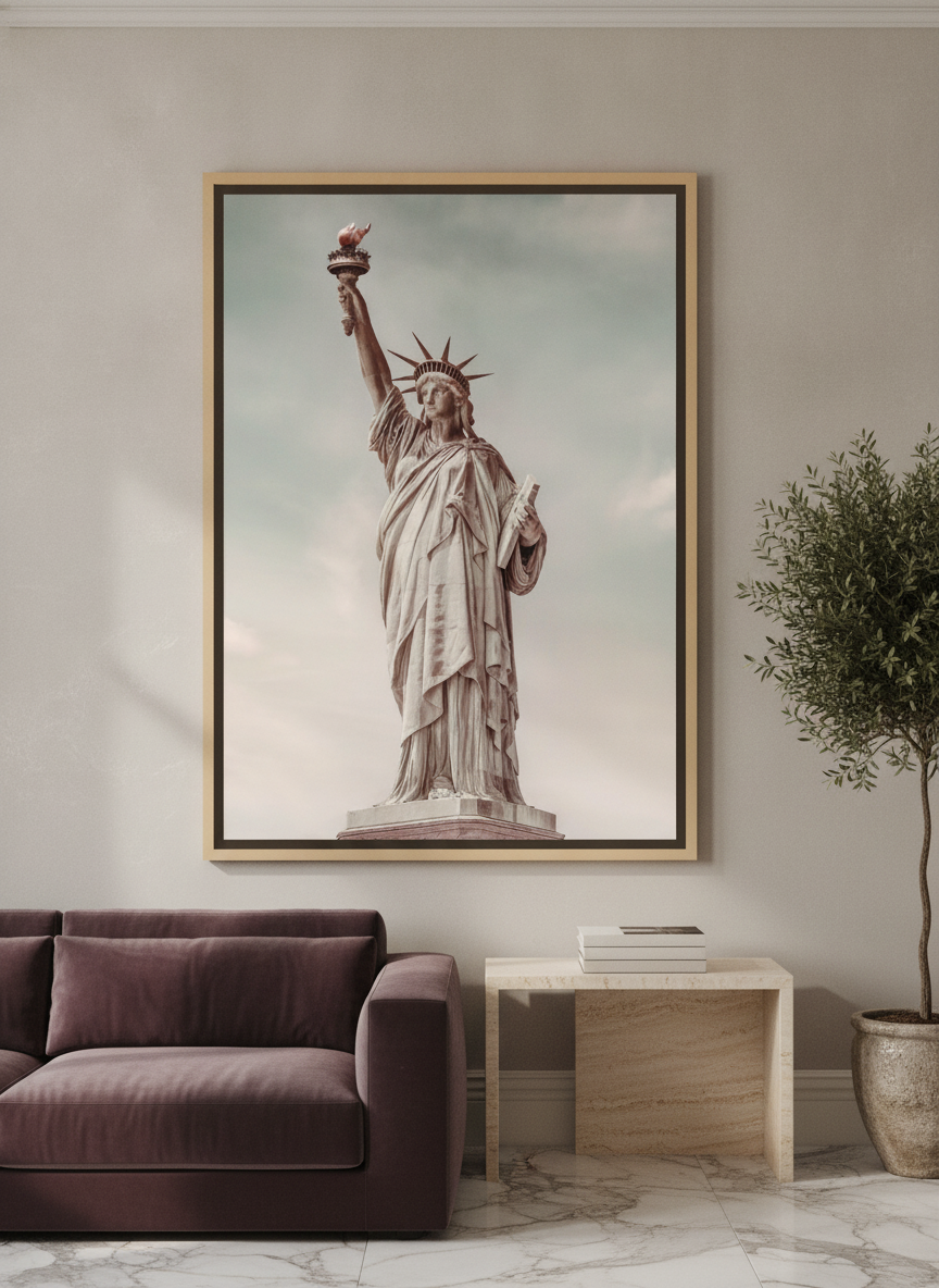 Oversized statement canvas wall art with a natural timber surround styled on the wall in a luxe living room