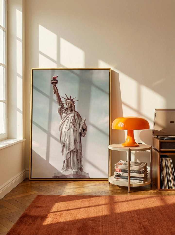 Canvas wall art with a gold leaf surround leaning against the wall in a retro 70s living room