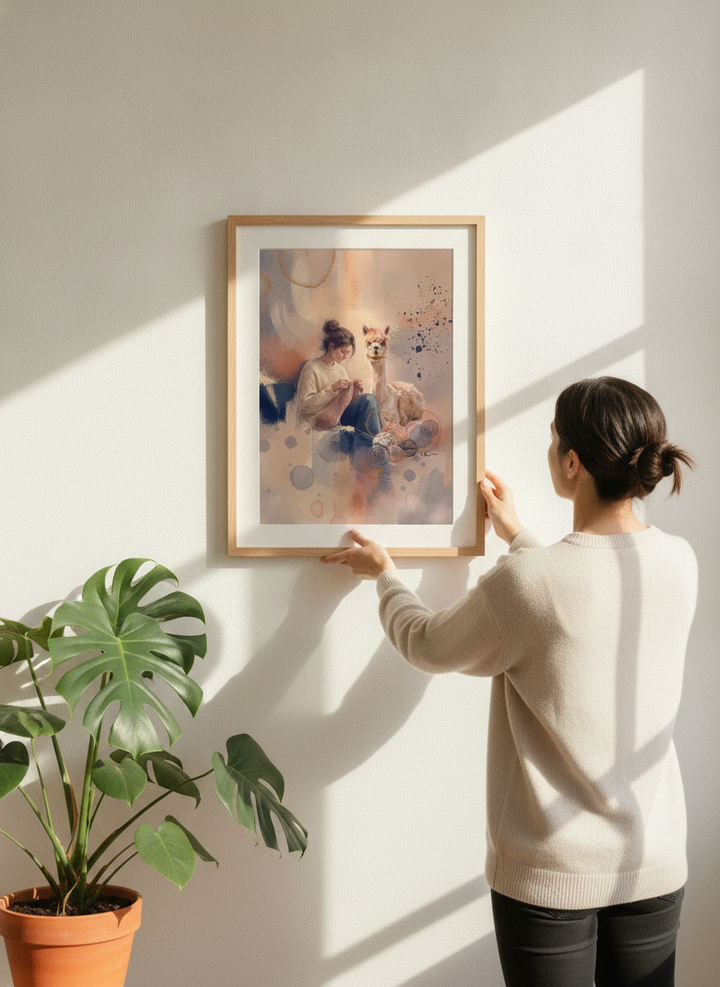 Person holding modern wall art print in a bright Scandinavian living room
