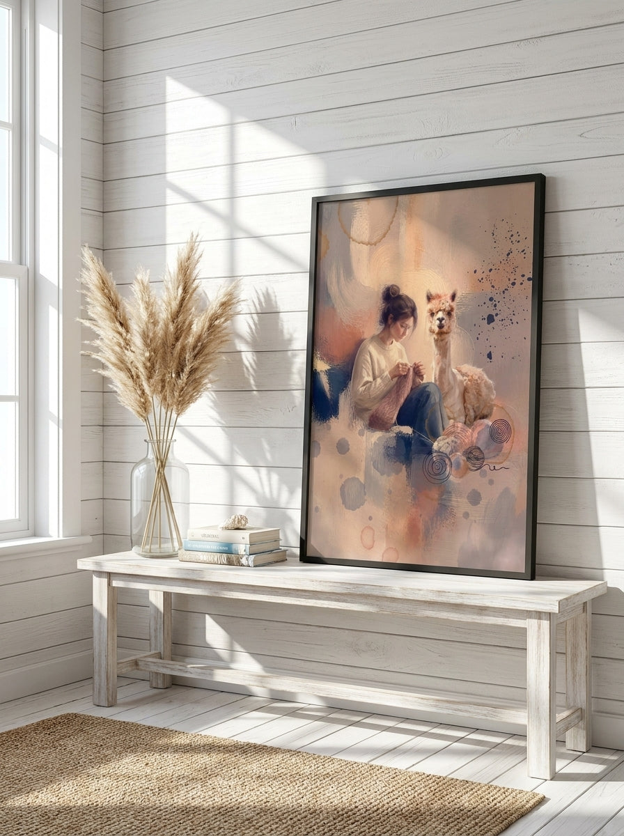 Modern wall art print standing on a console in a coastal nursery