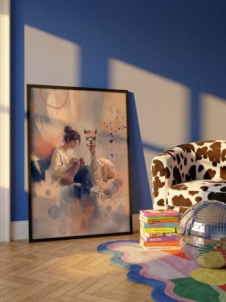 Modern wall art print leaning against the wall in a colourful eclectic bedroom