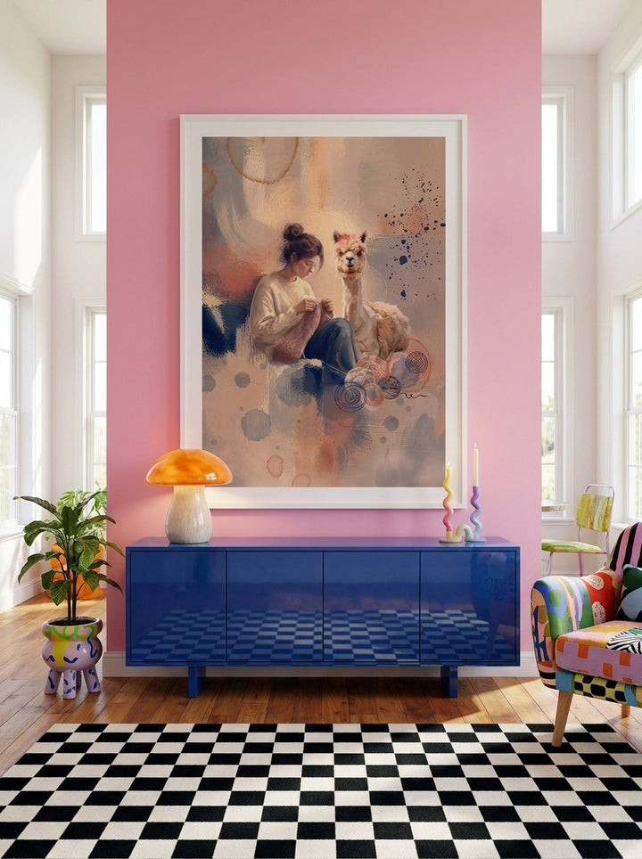 Oversized statement modern wall art print styled on the wall in a colourful eclectic living room