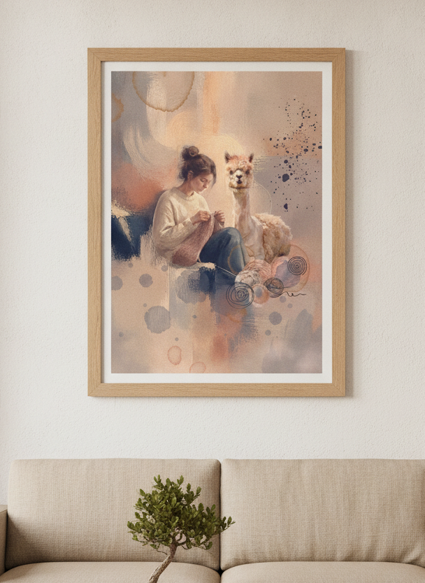 Modern wall art print styled on the wall in a warm Japandi living room