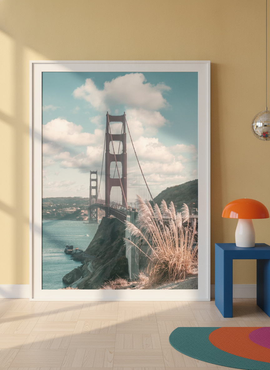 Oversized statement modern wall art print leaning against the wall in a colourful eclectic living room