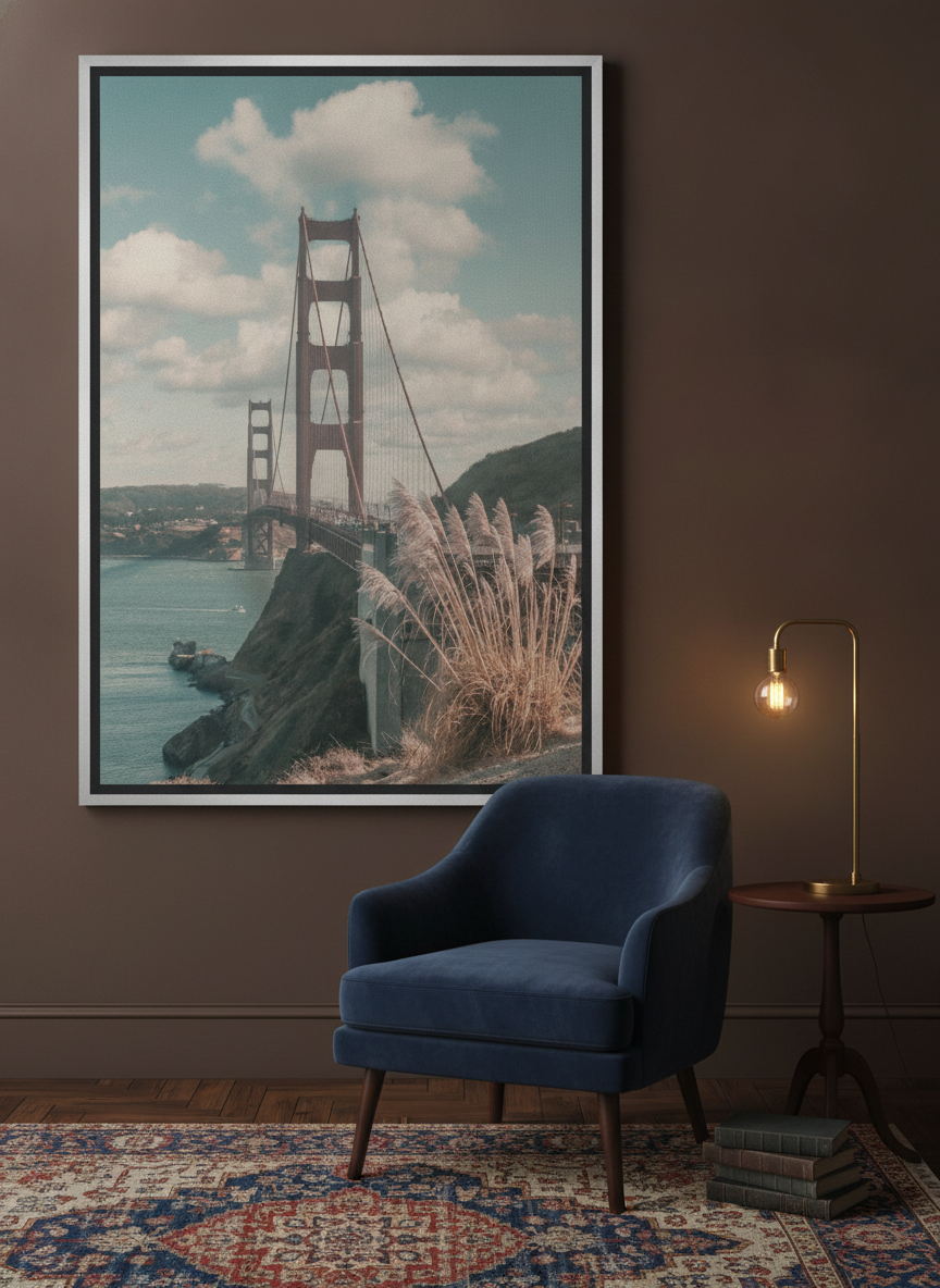 Canvas wall art with a silver leaf surround leaning against the wall in a moody home office