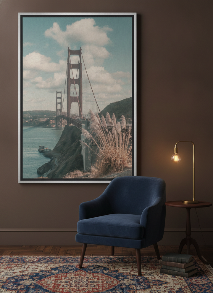 Canvas wall art with a silver leaf surround leaning against the wall in a moody home office