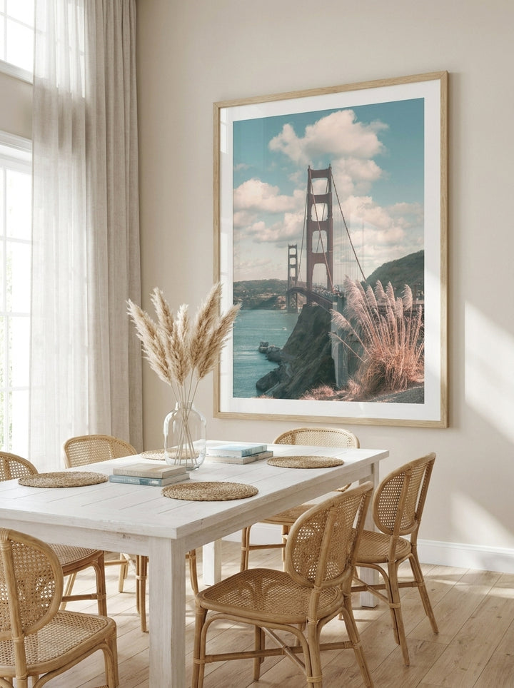 Oversized statement modern wall art print styled on the wall in a coastal dining room