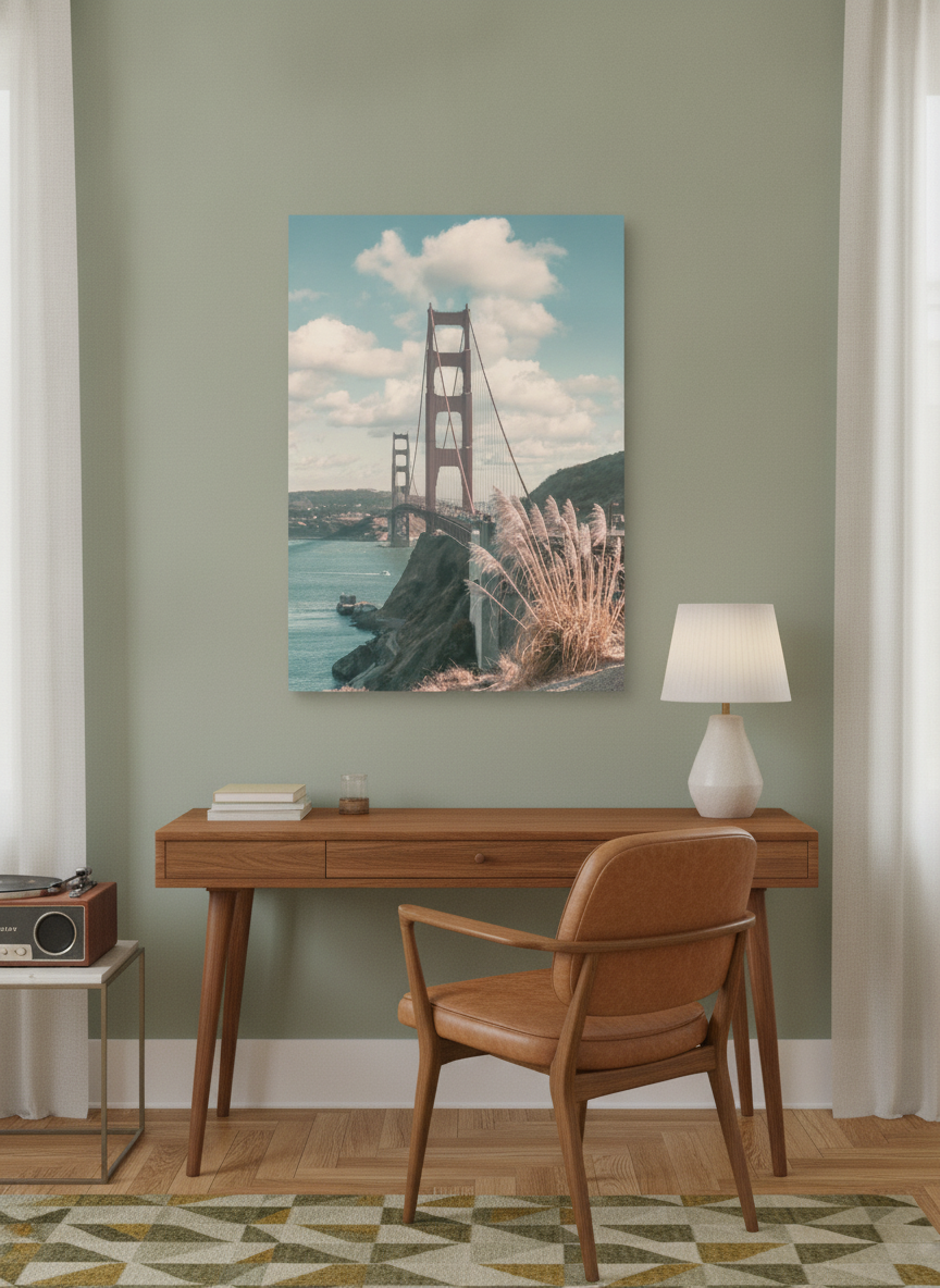 Stretched canvas wall art styled on the wall in a mid-century home office