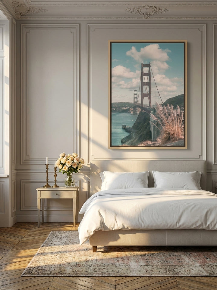 Canvas wall art with a natural timber surround styled on the wall in a Parisian bedroom
