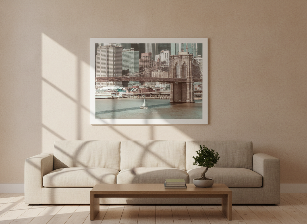 Modern wall art print styled on the wall in a warm Japandi living room