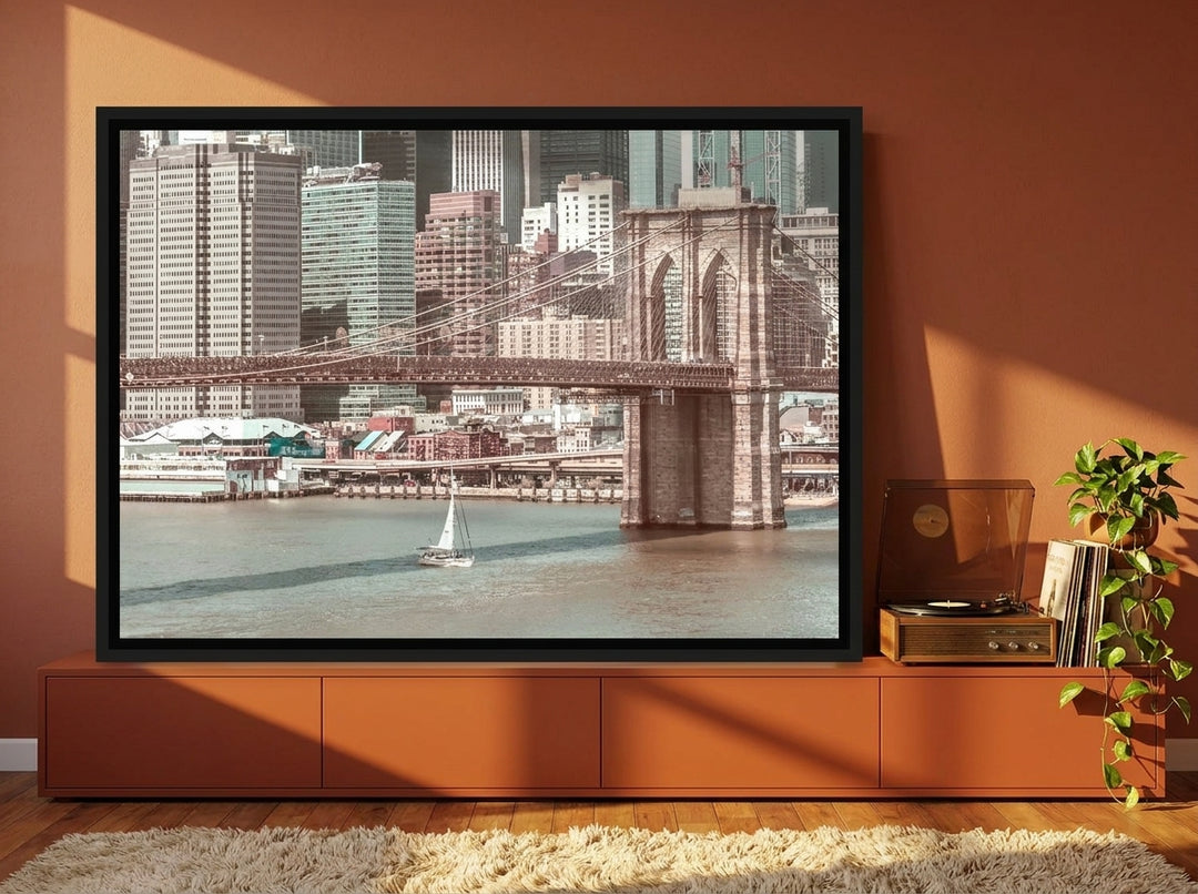 Canvas wall art with a black surround standing on a sideboard in a retro 70s home office