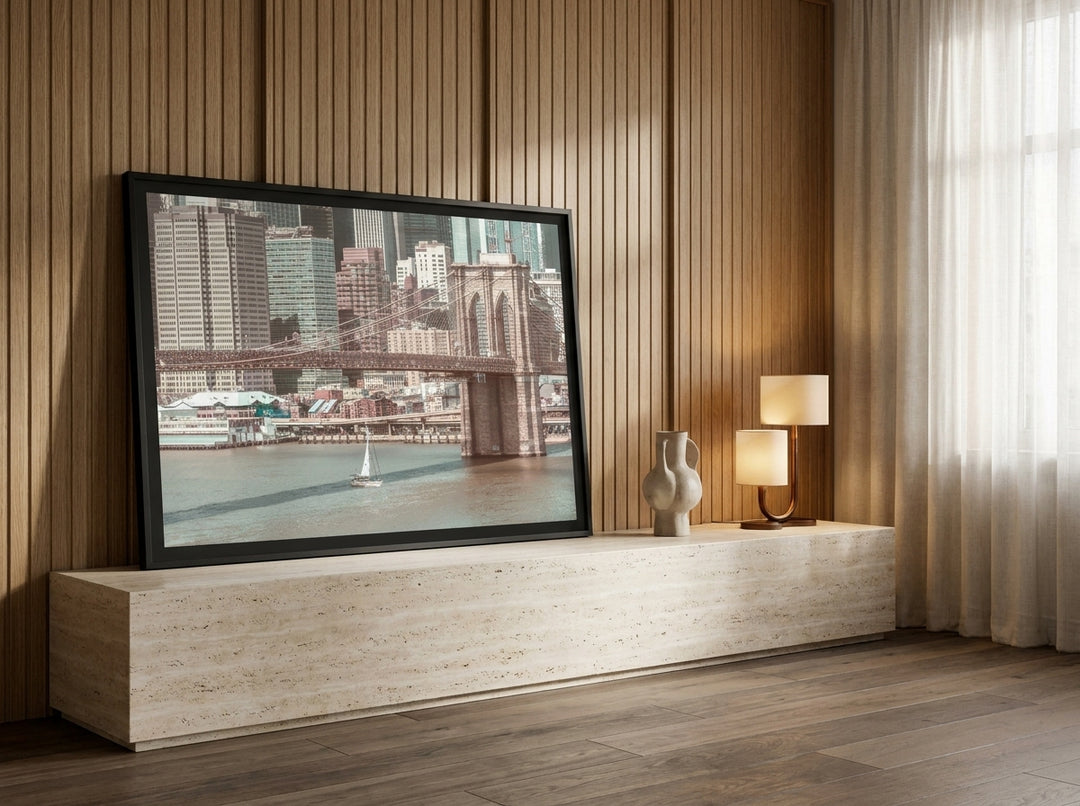 Modern wall art print standing on a console in a luxe home office
