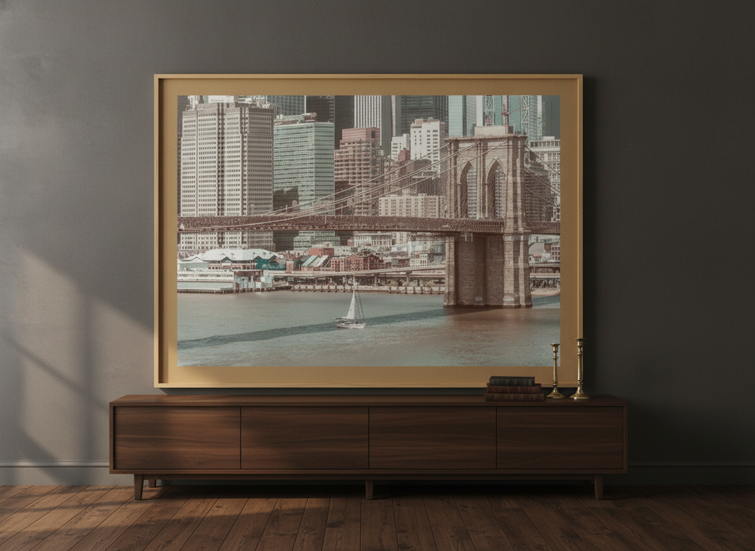 Oversized statement modern wall art print styled on the wall in a moody living room