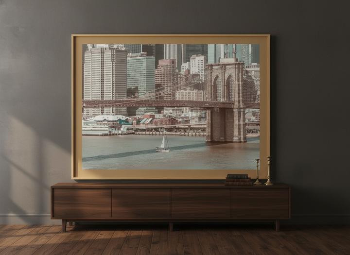 Oversized statement modern wall art print styled on the wall in a moody living room