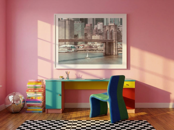 Modern wall art print styled on the wall in a colourful eclectic home office