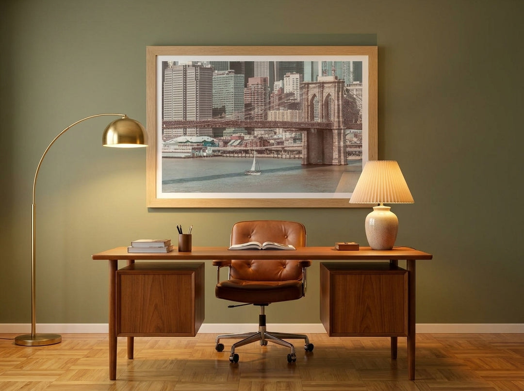 Modern wall art print styled on the wall in a mid-century home office