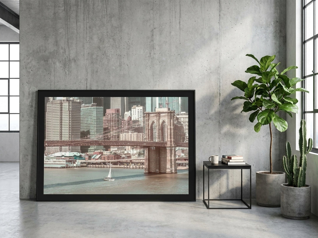 Oversized statement modern wall art print leaning against the wall in an industrial loft living room