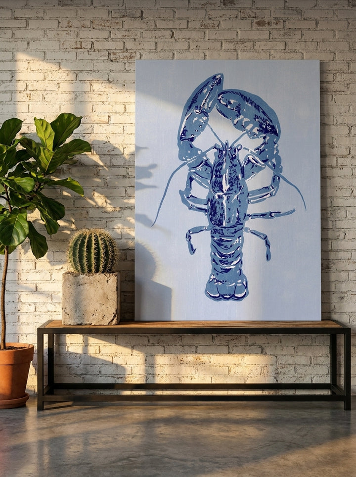 Stretched canvas wall art standing on a console in an industrial loft dining room
