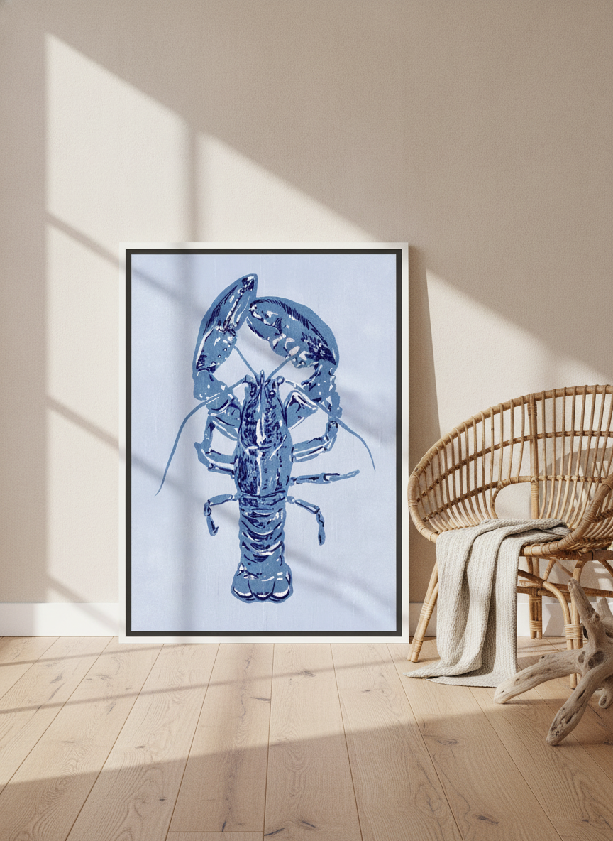 Canvas wall art with a white surround leaning against the wall in a coastal dining room