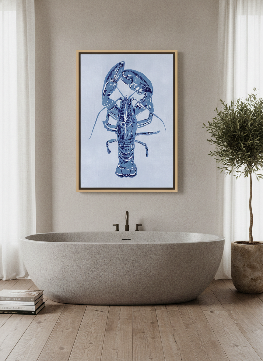 Canvas wall art with a natural timber surround styled on the wall in a luxe bathroom