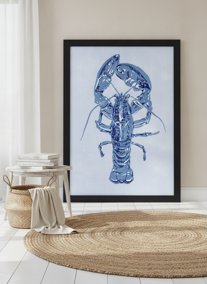 Oversized statement modern wall art print leaning against the wall in a coastal dining room