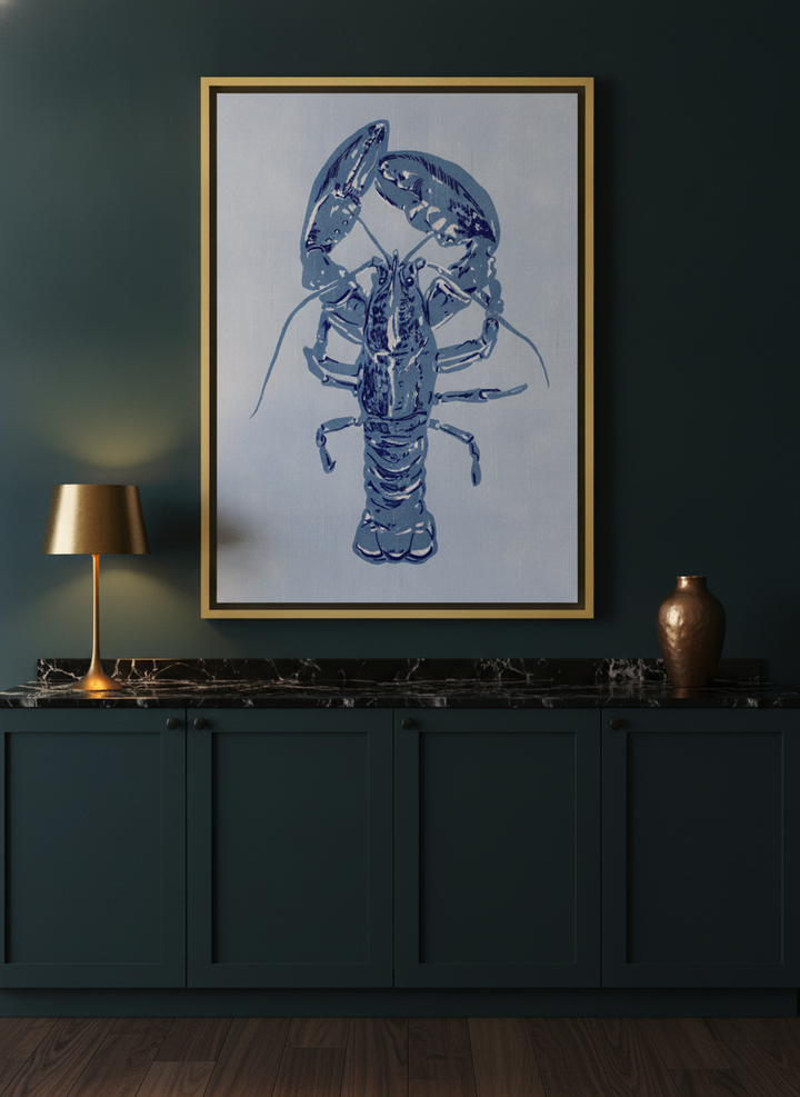 Canvas wall art with a gold leaf surround styled on the wall in a moody kitchen