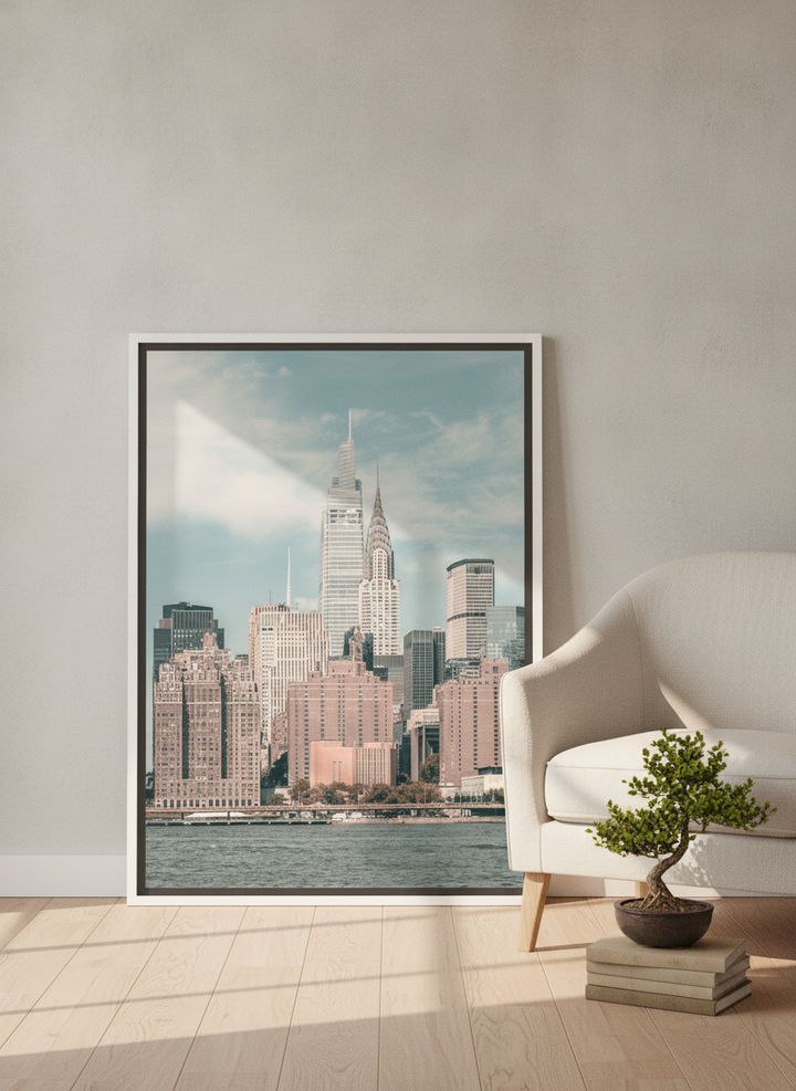 Canvas wall art with a white surround leaning against the wall in a warm Japandi home office