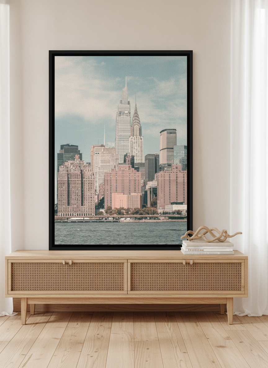 Canvas wall art with a black surround standing on a sideboard in a coastal living room
