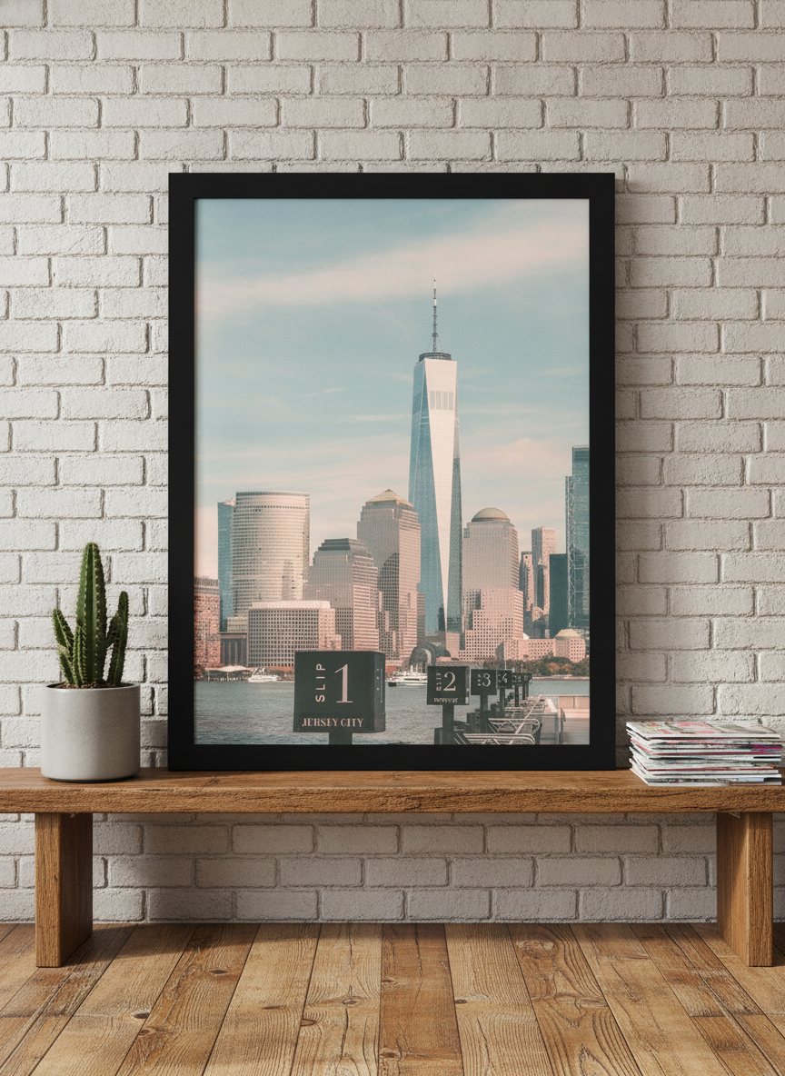 Modern wall art print standing on a bench in an industrial loft home office