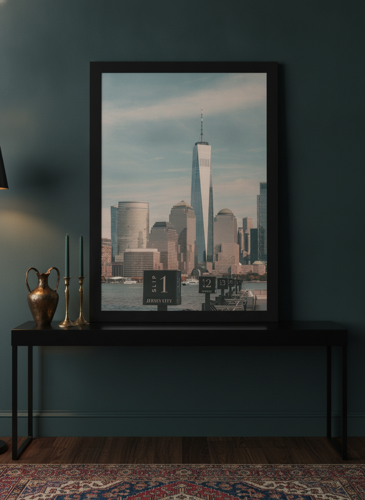 Modern wall art print standing on a console in a moody bedroom