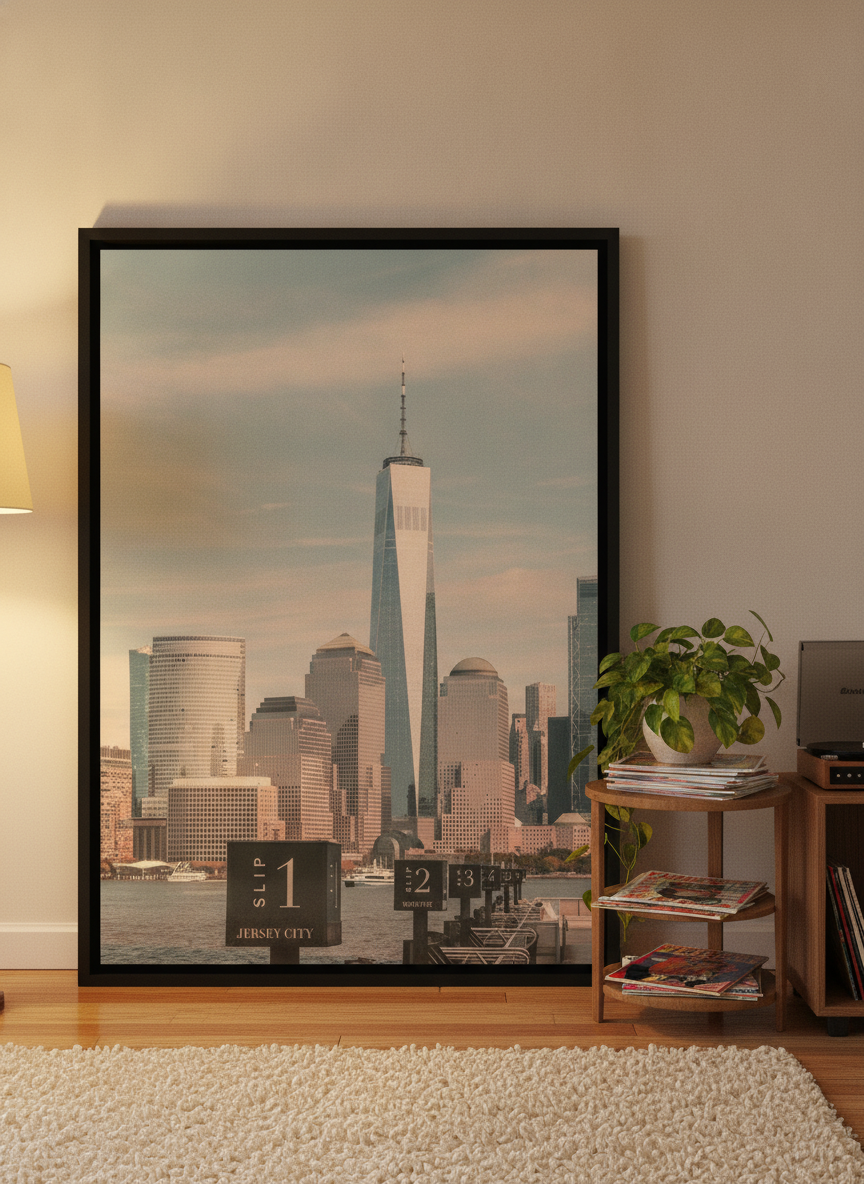 Canvas wall art with a black surround leaning against the wall in a retro 70s dining room