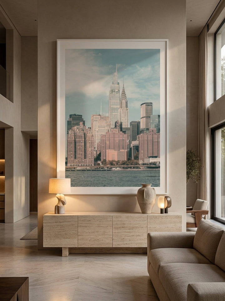Oversized statement modern wall art print styled on the wall in a luxe living room