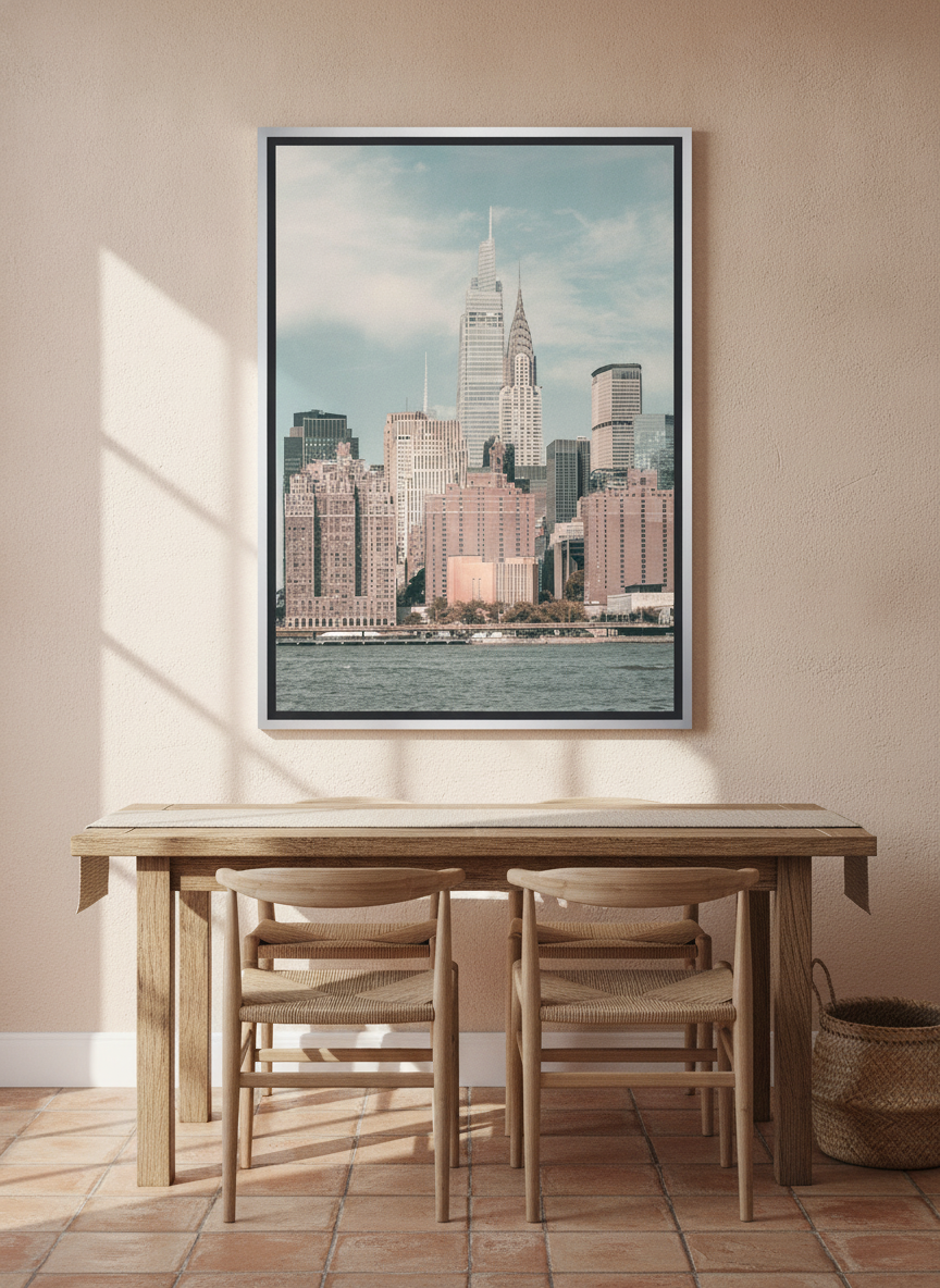 Canvas wall art with a silver leaf surround styled on the wall in a Mediterranean dining room