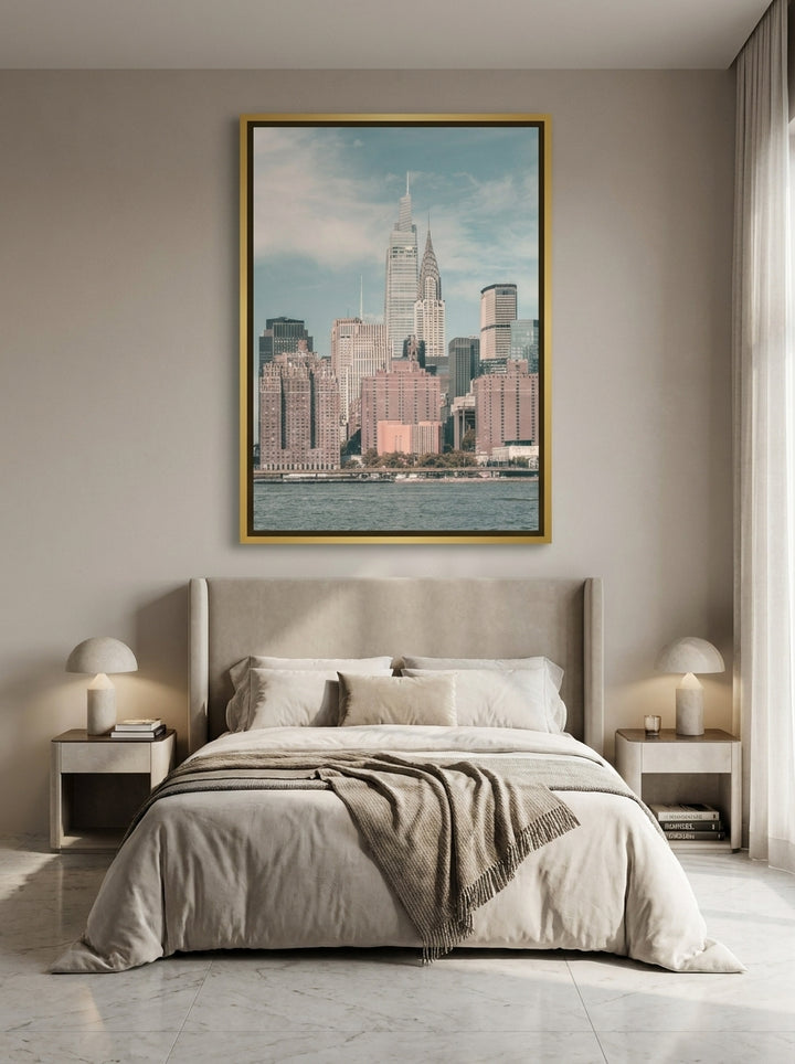 Oversized statement canvas wall art with a gold leaf surround styled on the wall in a luxe bedroom