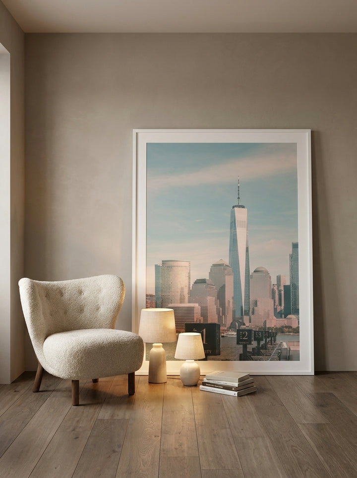 Oversized statement modern wall art print leaning against the wall in a luxe living room