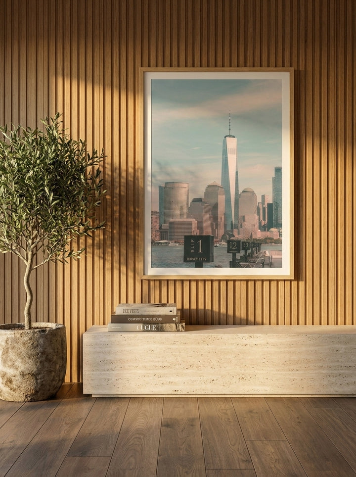 Modern wall art print styled on the wall in a luxe living room
