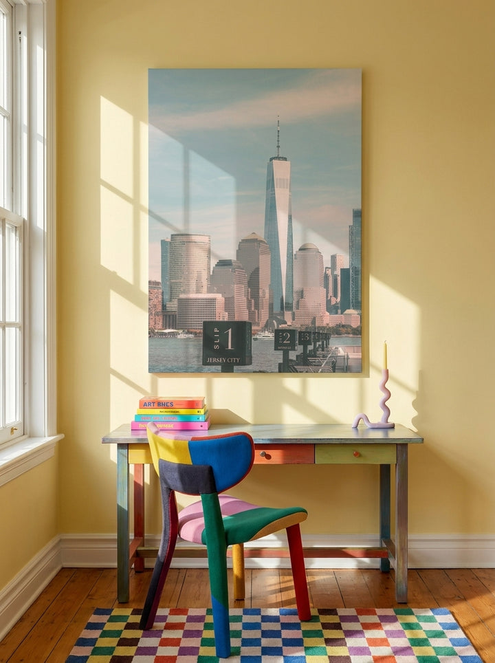 Stretched canvas wall art styled on the wall in a colourful eclectic home office