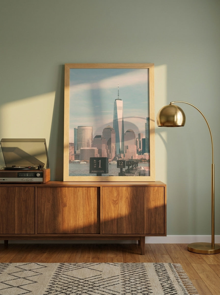 Modern wall art print standing on a sideboard in a mid-century dining room