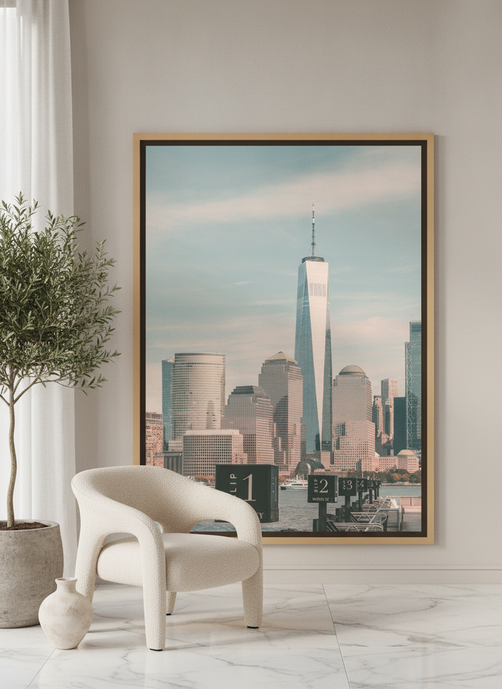 Oversized statement canvas wall art with a natural timber surround leaning against the wall in a luxe dining room