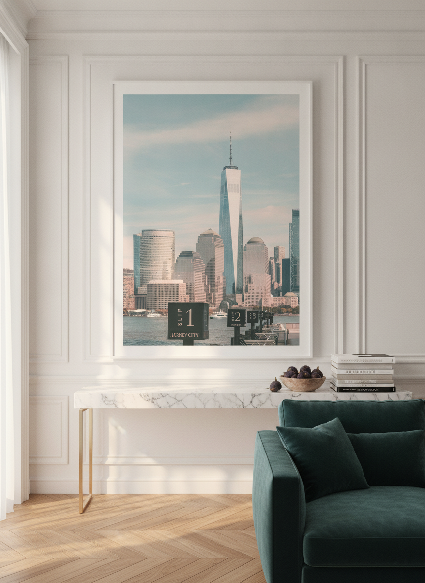 Oversized statement modern wall art print styled on the wall in a Parisian living room