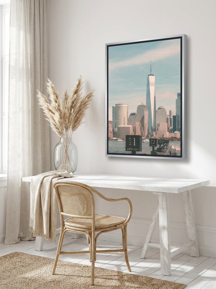 Canvas wall art with a silver leaf surround styled on the wall in a coastal home office