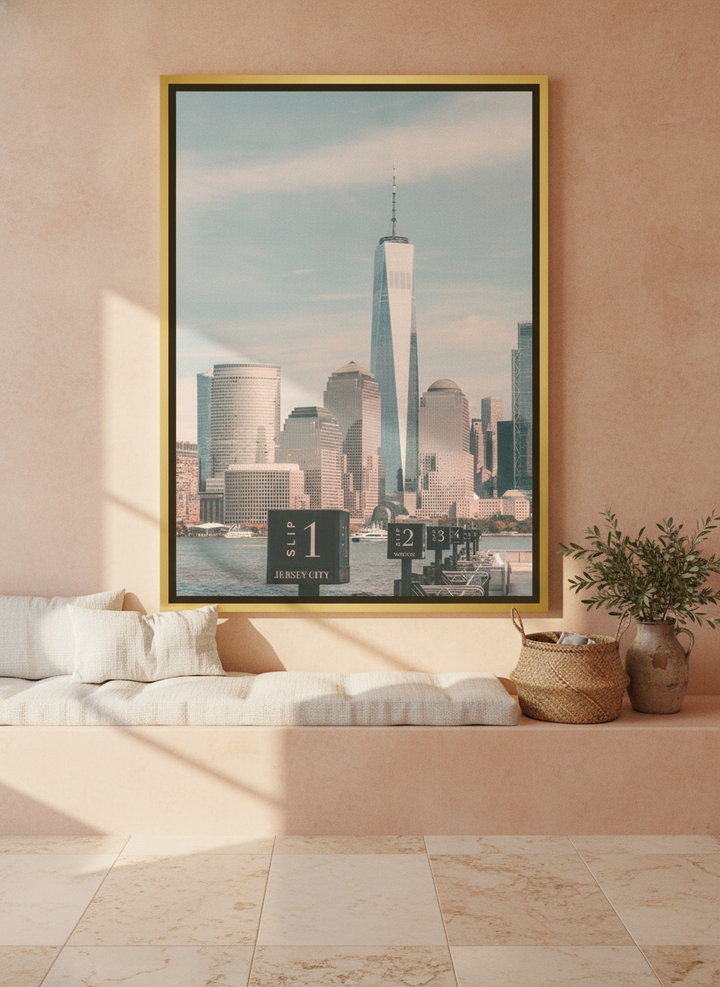 Oversized statement canvas wall art with a gold leaf surround styled on the wall in a Mediterranean living room