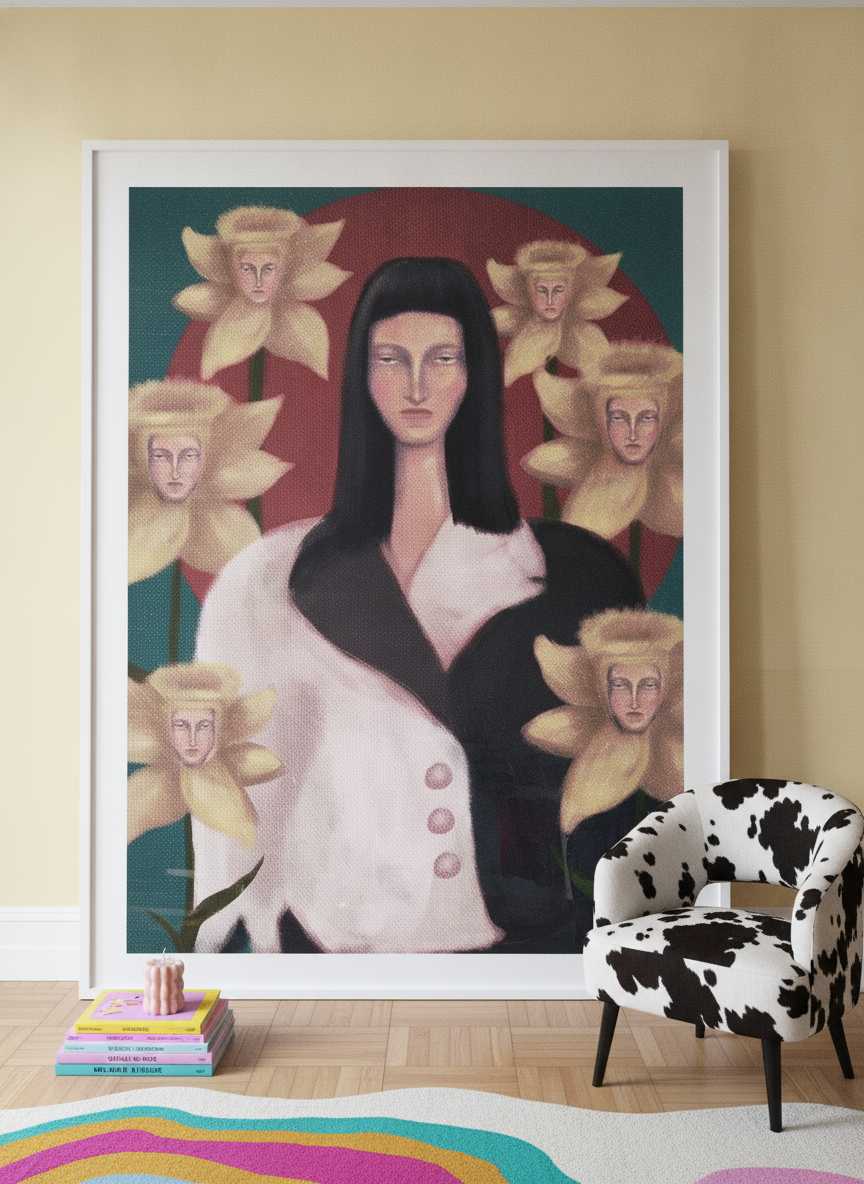 Oversized statement modern wall art print leaning against the wall in a colourful eclectic bedroom