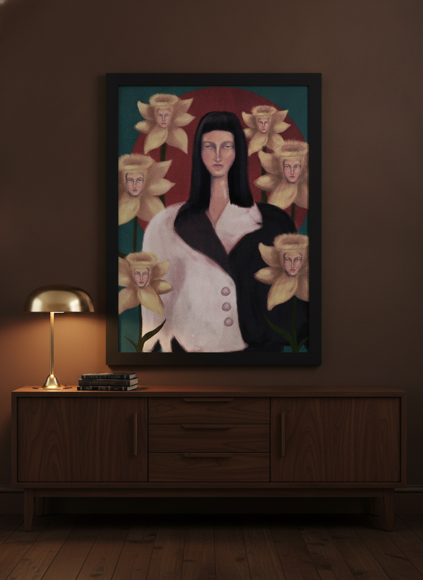 Modern wall art print standing on a sideboard in a moody bedroom